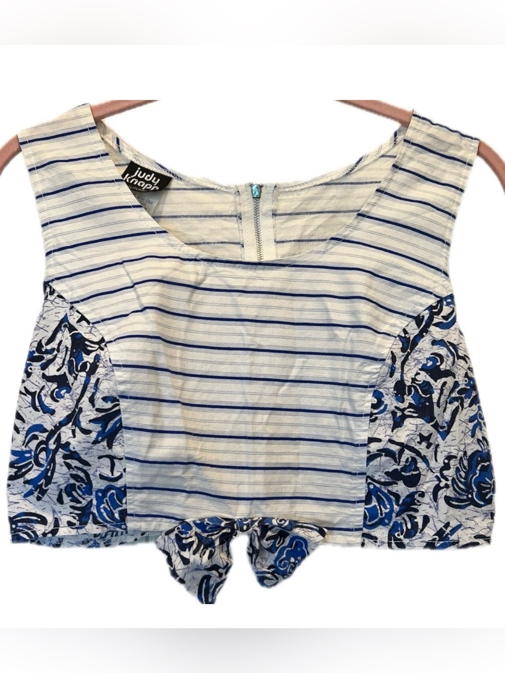 Vintage Judy Knapp Striped & Floral Crop Top Bow Zip Back Blouse Y2K SZ S/M